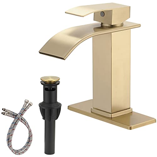 BWE Vessel Sink Faucet Modern Waterfall Chrome Single Hole Bathroom Faucet Single Handle with Pop up Drain Without Overflow Assembly Vanity Basin Bath Sink Faucets Mixer Tap