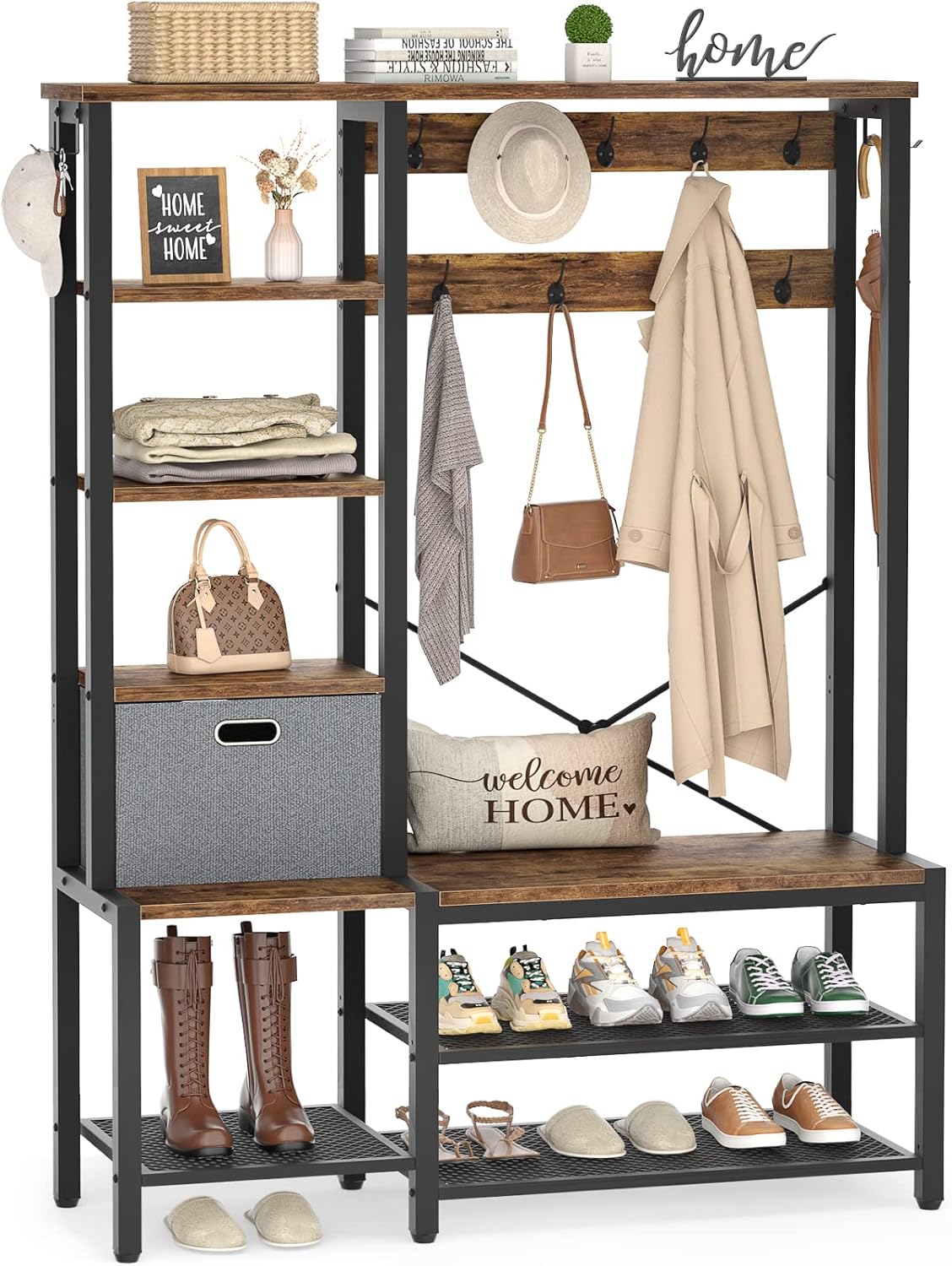 Aheaplus Hall Tree with Storage Bench, Coat Rack, 5-Tier Shelves, Fabric Storage Basket, Side hooks, 71’’ Industrial 5 in 1 Large Organizer, Wood Look Accent Furniture-Sturdy Metal Frame, Rustic Brown