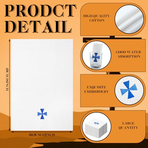 12 Pack of Embroidered Cotton and Linen Purificator with Silver Cross Center Embroidered Purificators for Catholic Mass Church Altar Cotton and Linen Towel Catholic Communion Supplies, 12 x 18 Inch