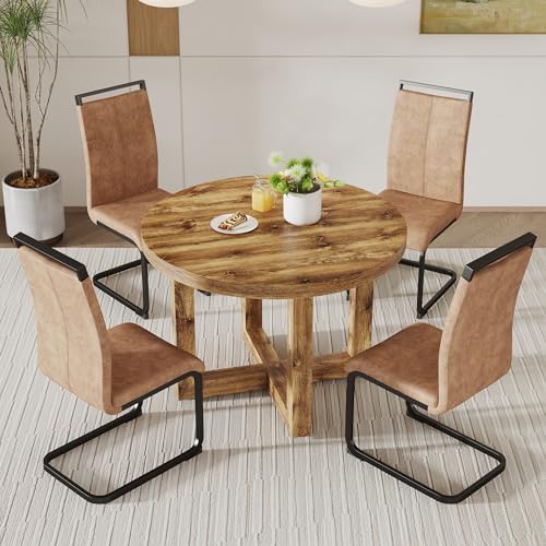 Round Dining Table Set for 4, Modern Kitchen Table and Chairs Set for 4 Wood Dining Set Reception Table Set Upholstered Chair for Dining Room (Brown-B, Wood Table + 4 Chairs)