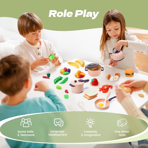 CUTE STONE 51-Piece Mini Play Kitchen Accessories for Kids, Pretend Cooking Playset with Pots, Pans, Utensils, Cutting Fun Fruits & Veggies, Learning Gift for Toddlers, Girls & Boys