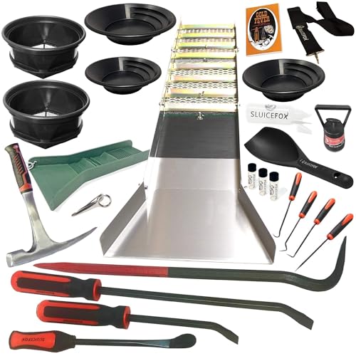 Complete Gold Mining Kit; Folding 50 inch Gold Sluice Box; Gold Prospecting Equipment; Rock Pick Hammer; Gold Classifiers; Pay Dirt Scoop; Crevice Tools and More