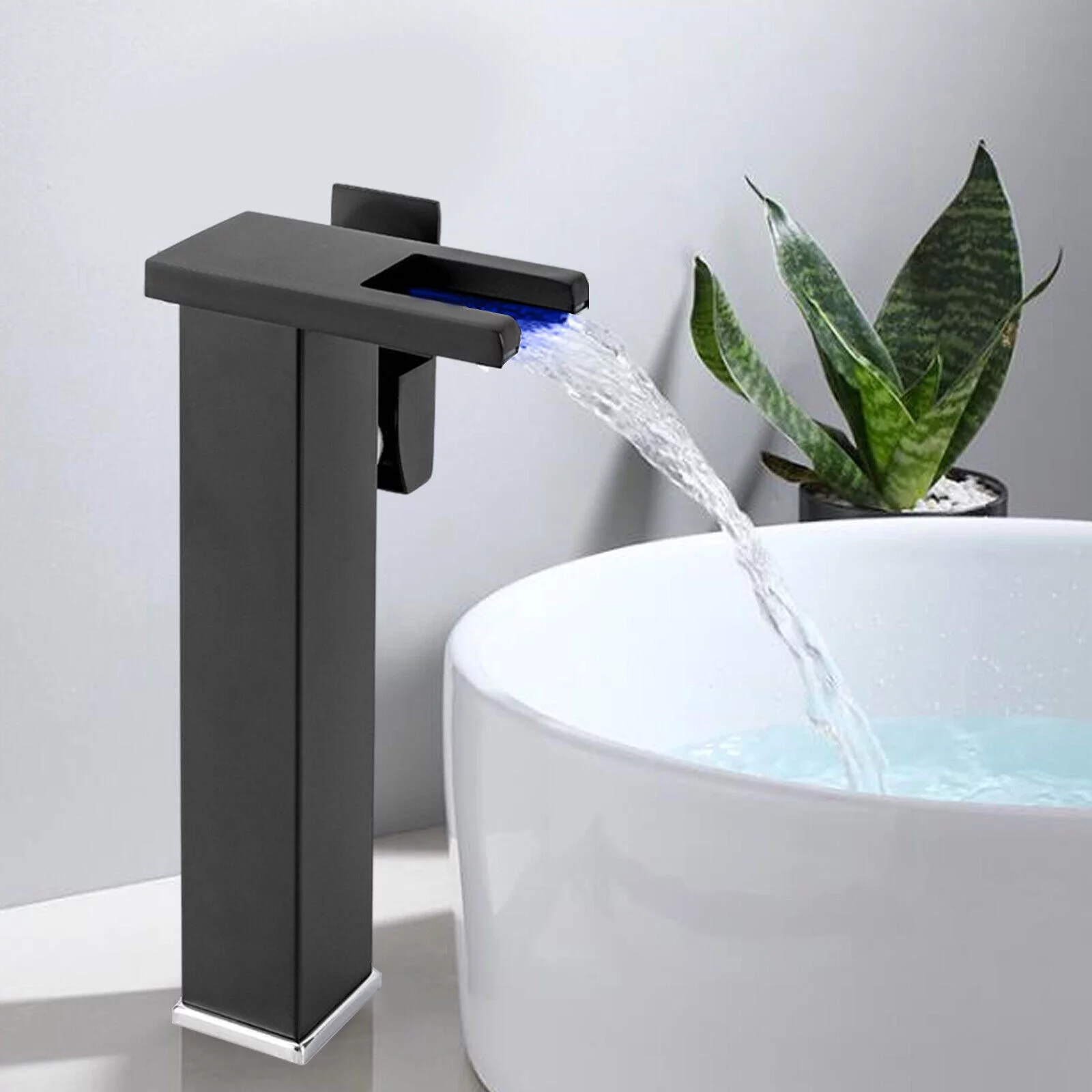 Bathroom Waterfall Sink Faucet, Wall Mount Sink Faucet LED Basin Lavatory Mixer Tap W/Single Handle Black