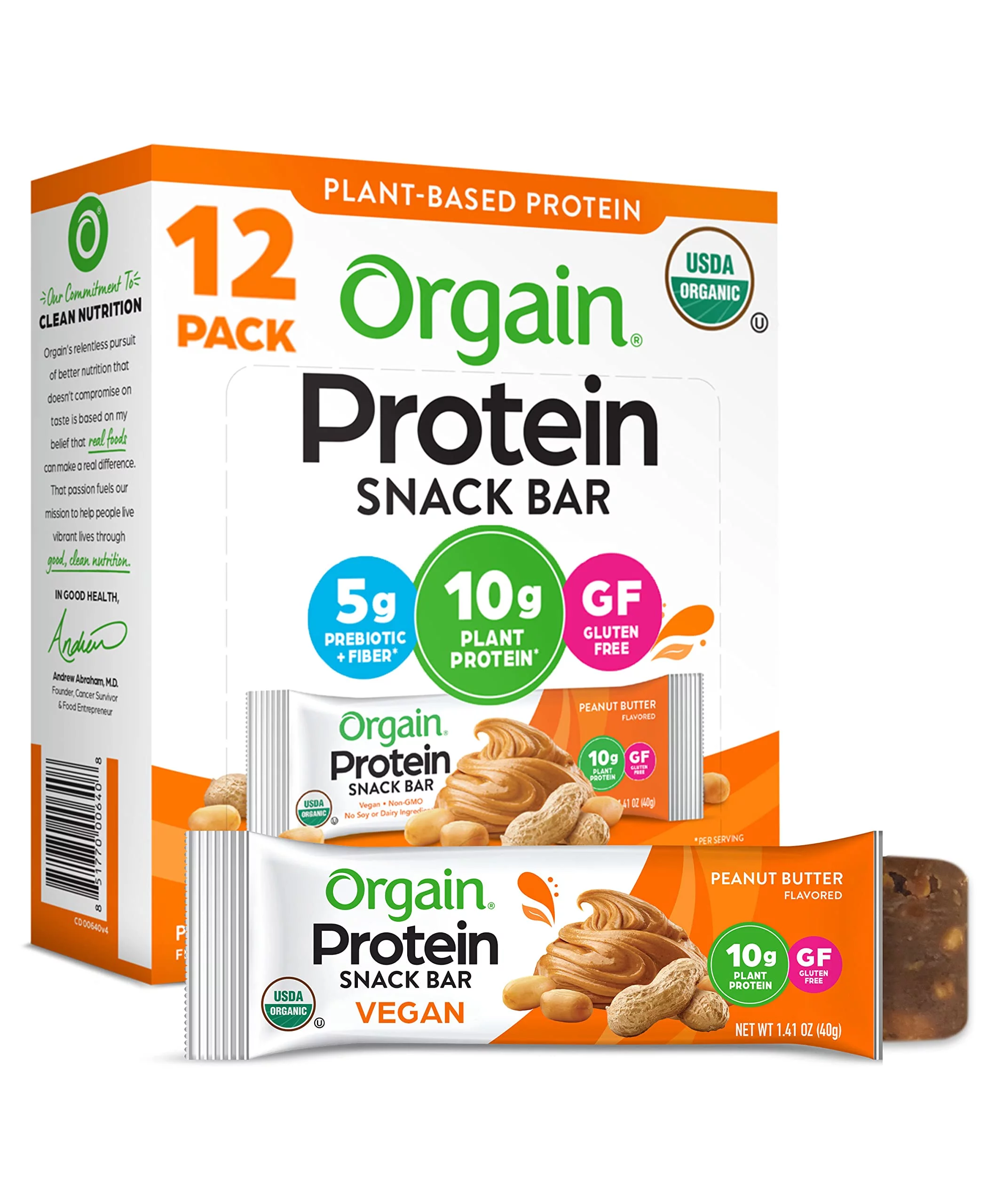 Orgain Organic Plant Based Protein Bar, Peanut Butter - 10G Of Protein, Vegan, Gluten Free, Non Dairy, Soy Free, Lactose Free, Kosher, Non-Gmo, 1.41 Ounce, 12 Count (Packaging May Vary)