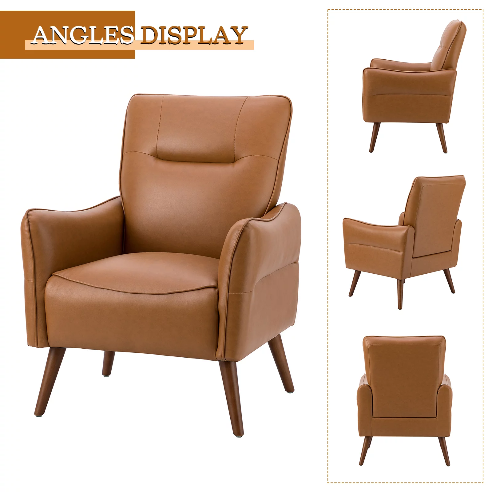 Faux Leather Upholstered Accent Chair Set of 2 Tufted Armchair Lounge Sofa Wood Legs Living Room Office Camel