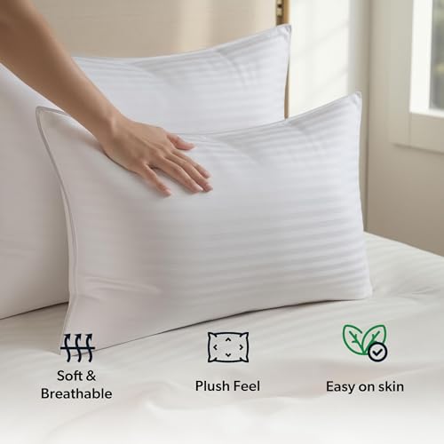 Hearth & Harbor Bed Pillows for Sleeping - Down Alternative Sleep Pillows King Size Set of 2-100% Cotton Pillow with Polyester Fiber Filling - Soft and Fluffy Pillow 20 x 36 Inches