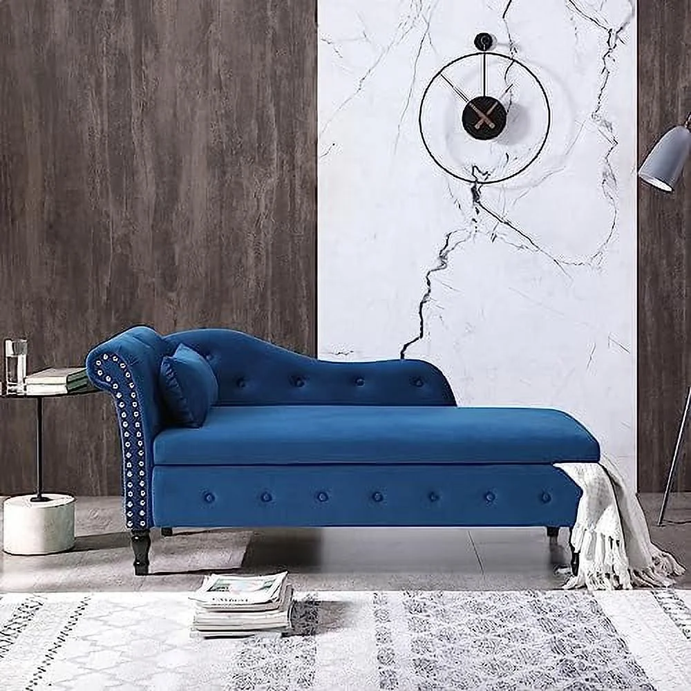 YZboomLife 60" Chaise Lounge Indoor Upholstered  Chaise Lounge Chair with Pillow， Lounge Chair for Living Room Bedroom Legs Solid Wood (Blue)