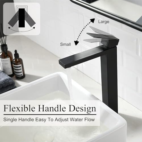 Friho Single Handle Matte Black Tall Bathroom Vessel Sink Faucet, Modern Vanity Basin Mixer Tap Bathroom Sink Faucet with Drain Pop up&Water Hoses, FRDC17914B