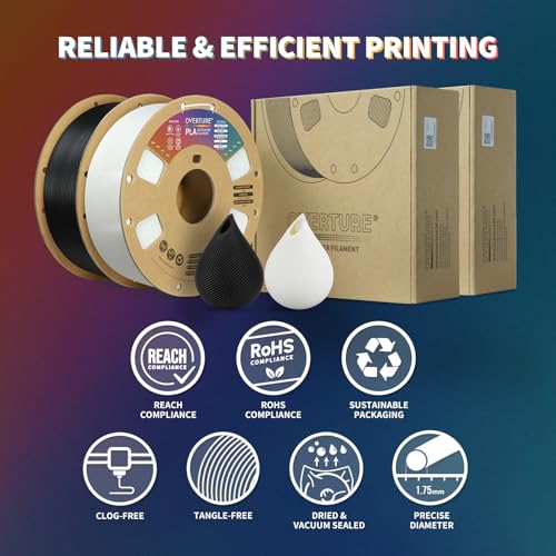 OVERTURE PLA Filament 1.75mm PLA 3D Printer Filament, 2kg Cardboard Spool (4.4lbs), Dimensional Accuracy +/- 0.02mm, Fit Most FDM Printer (Black 2-Pack)