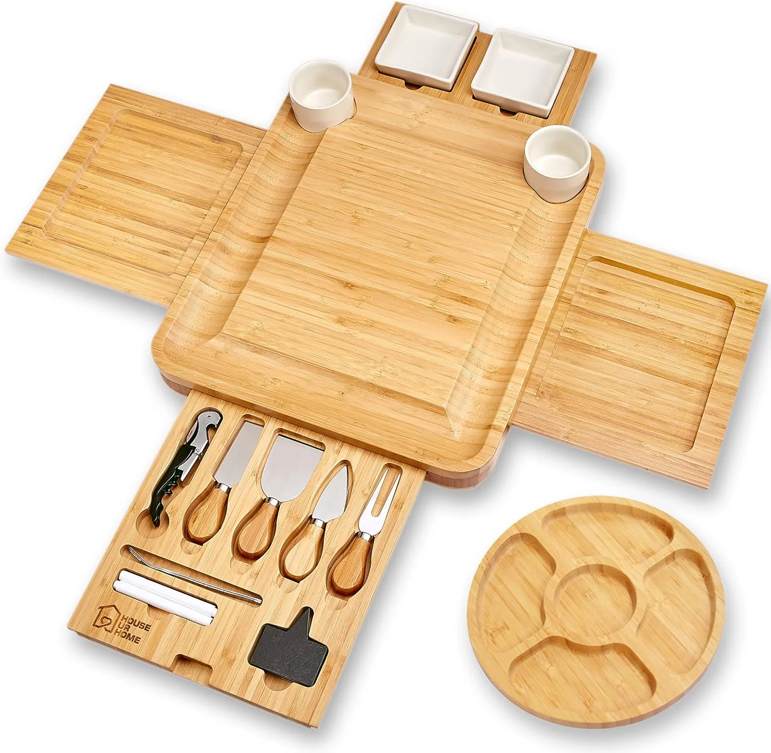 Large Charcuterie Board Set - Bonus Recipe Book - 2 Ceramic Bowls & Plates, 4 Magnetic Drawers Bamboo Cheese Knife Set, Round Tray - Christmas & Housewarming Gifts