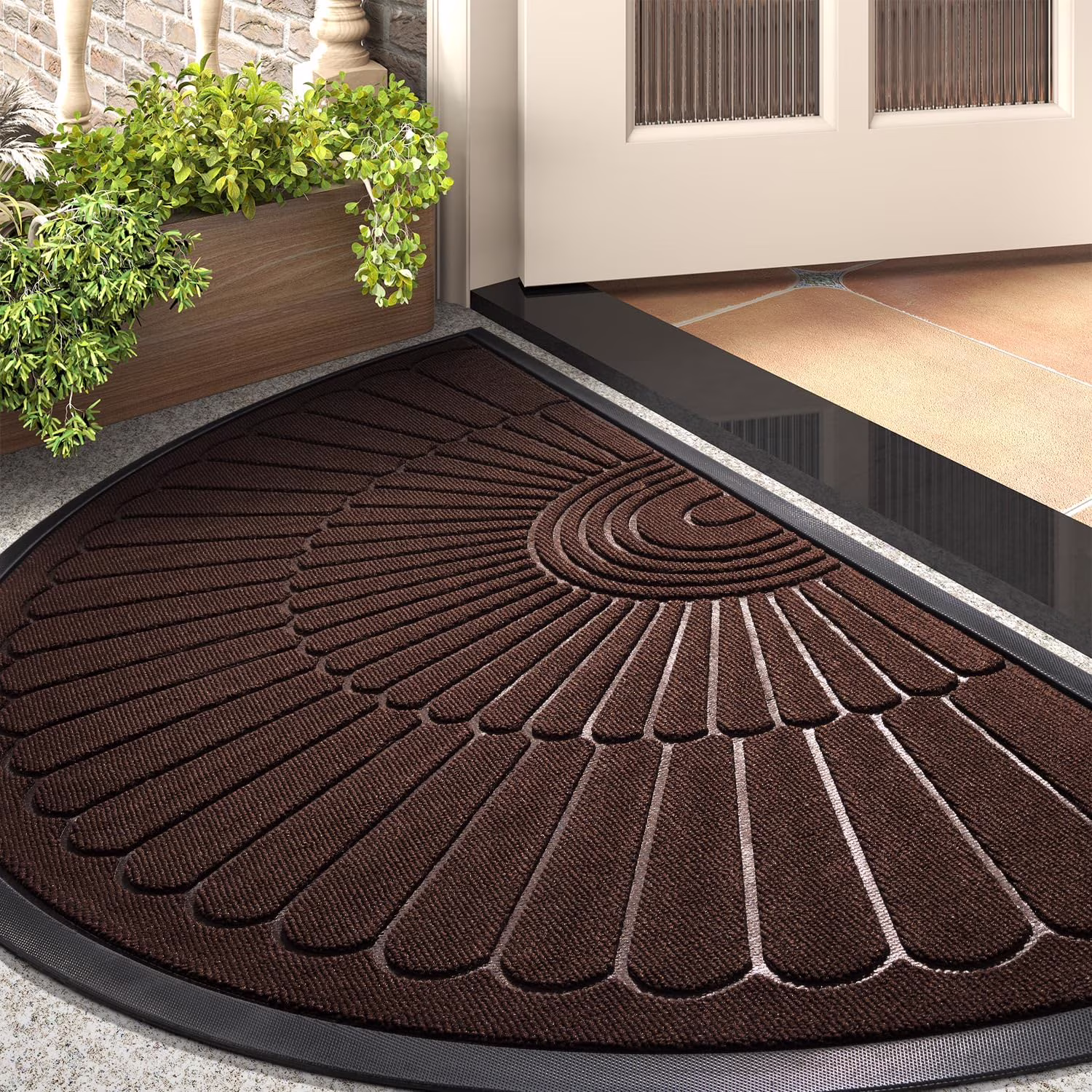 Door Mat Outdoor Indoor Entrance Doormat-Semicircular Durable Rubber Non Slip Front Door Mat for Outside Inside Entry Entryway Dirt Trapper WelcomeMat for Muddy Paws and Shoes-Brown 24”x47”