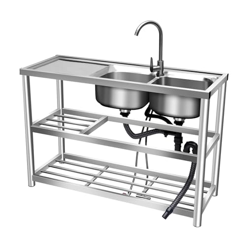 2 Compartment Stainless Steel Commercial Kitchen Utility Sink + Prep Counter Utility Sink Freestanding Stainless Steel Double Bow Kitchen Set Commercial Sinks for Restaurants
