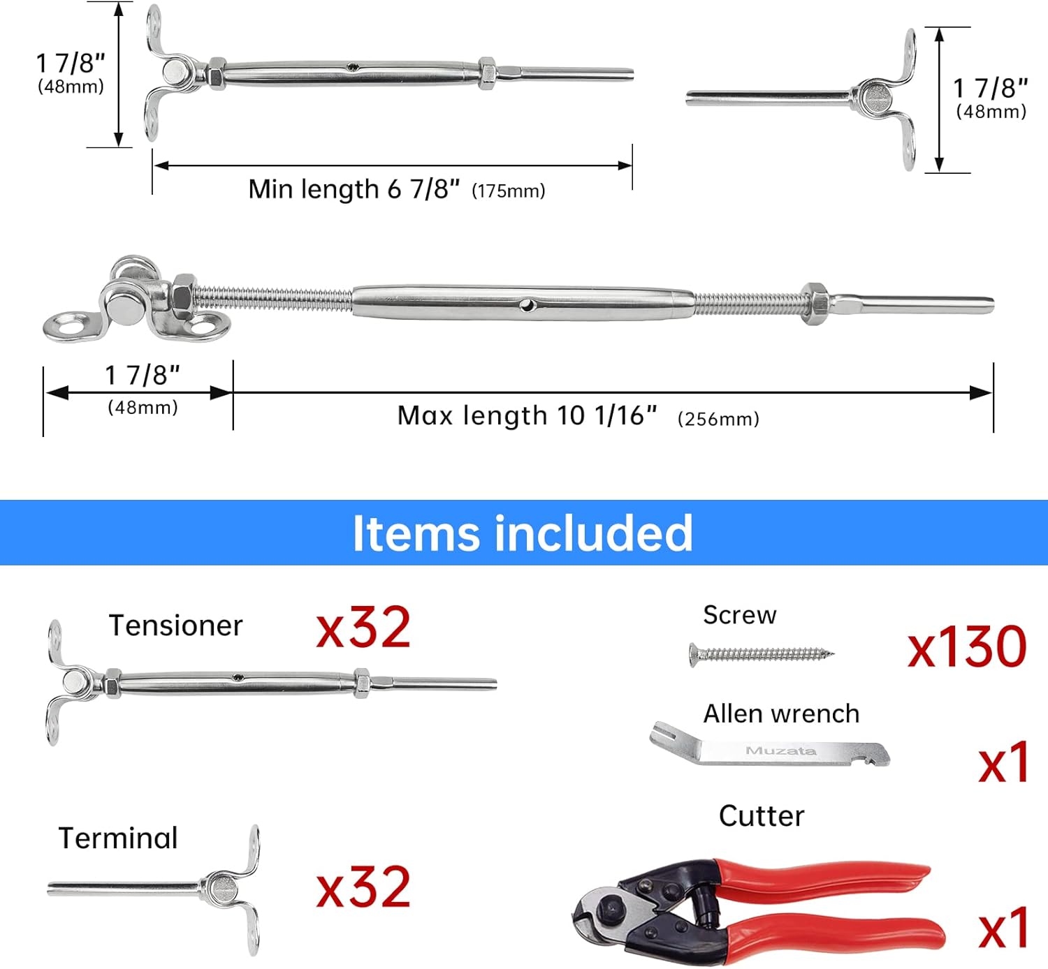 Muzata 32Set Cable Railing Kit 1/8 Swage Toggle Turnbuckle Hardware T316 Stainless Steel for Wood Post WoodEasy System Angle 180��Adjustable Stairs Deck 32 Cable Lines CK07 NN1,CA4 CA5