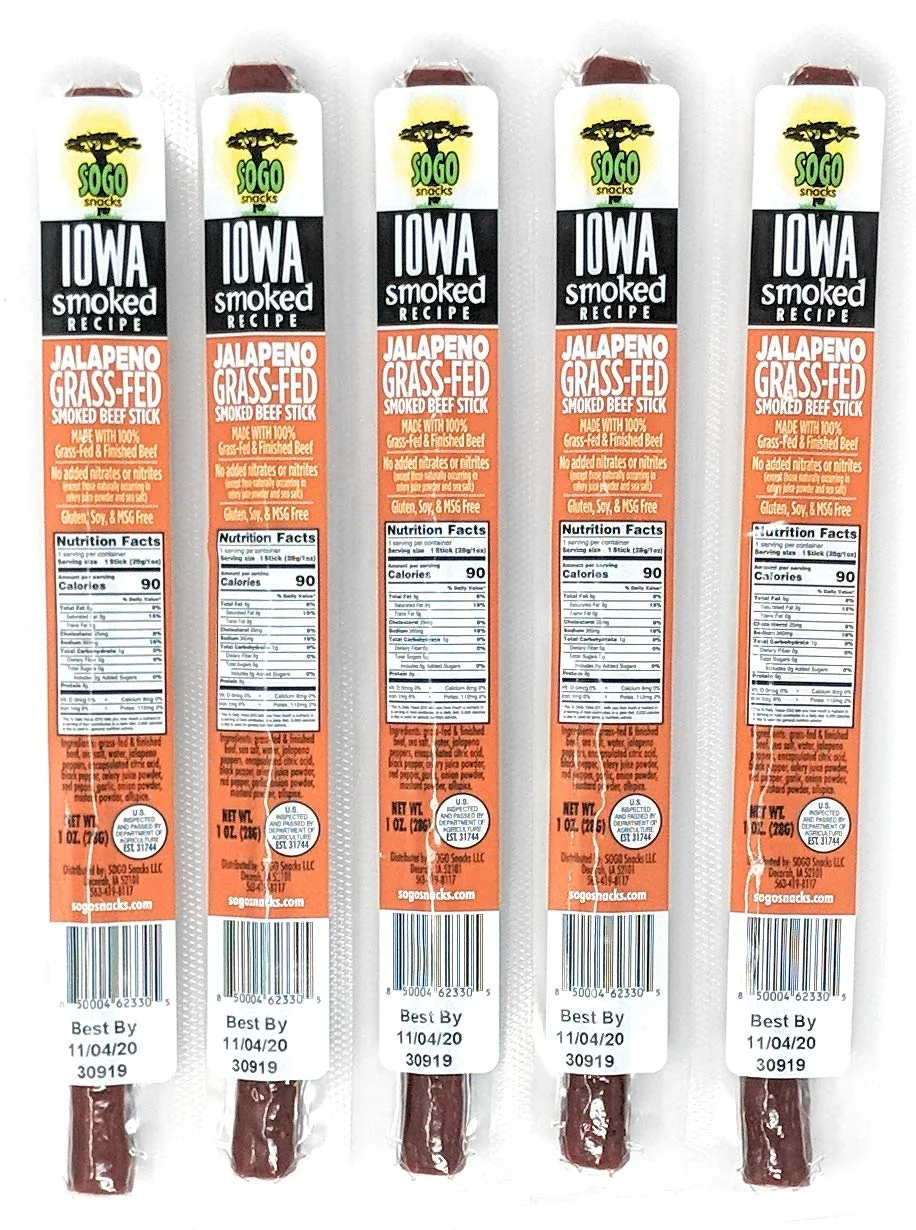 Jalapeno, Sogo Snacks Iowa Smoked, No Sugar, 100% Grass-fed/finished, Non-GMO Beef Sticks. No Added Nitrates, Gluten, Soy, MSG, Dairy, Nuts. Keto, Paleo Friendly (Jalapeno-ISR, 1-oz, 72 Cnt)
