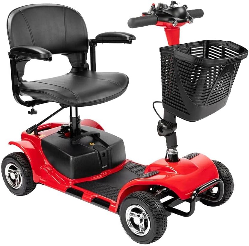 4 Wheel Mobility Scooter, Electric Powered Wheelchair Device, Compact Heavy Duty Mobile for Travel, Adults, Elderly Compact Duty Travel Scooter w/Basket Extended Battery Red