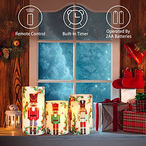 Flameless Christmas Candles Battery Operated, Realistic Flickering Flameless Candles with Timer & Remote, Holiday Led Pillar Candles for Holiday Decorations, Nutcracker