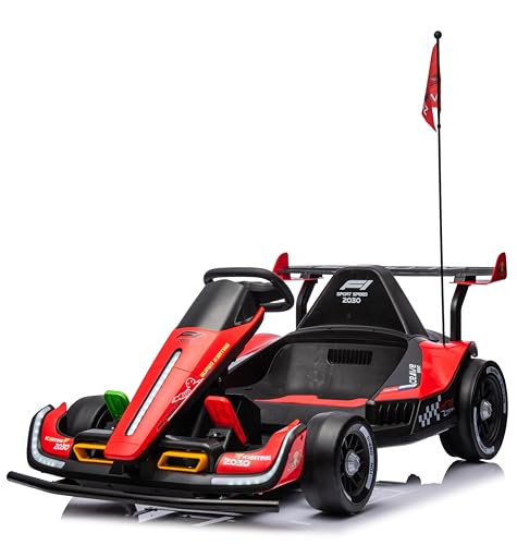 UNICOO® DriftChaser™ Childrens Go Kart, 24V Rechargeable Ride-On Toy, Electric Scooter for Kids 6-12+, Electric Car for Kids, LED Lights, Remote Control, Adjustable Seat, Bluetooth (Flame Red)