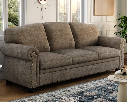 90 Inch Nailhead Trim Couch for Living Room, 23 Inch Deep Seat Rolled Arm Sofa, Comfy Upholstered 3 Seater Chenille Couch w/Wooden Leg, Large Traditional Sofa for Farmhouse, Beige