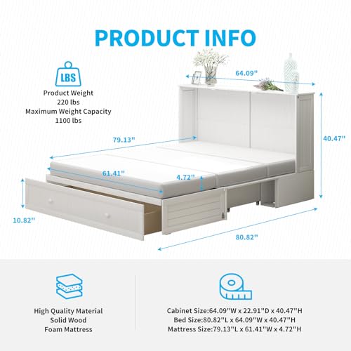 Mjkone Queen Murphy Bed, Cube Cabinet Bed with Tri-Folding Mattress and 2 Large Storage Drawers, Murphy Chest Cabinet Wall Beds with USB Charging Station for Living Room Bedroom Office, Grey