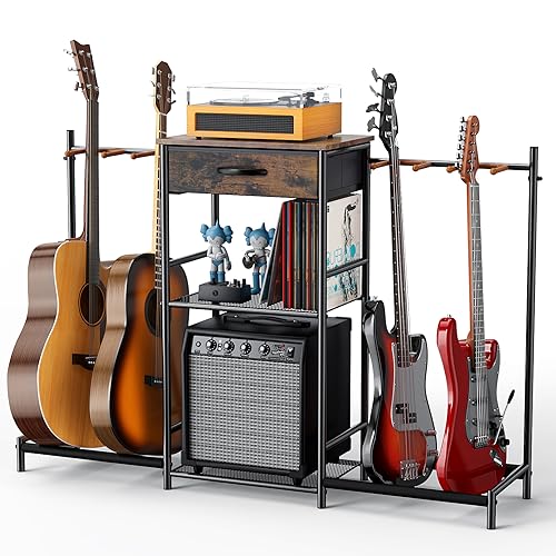 Guitar Stands Floor with 4 Guitar Holders, 3-Tier Guitar Stand Multiple Guitars, Guitar Rack with Amp Stand & Cloth Drawer, Multi Guitar Stand for Music Studio, Guitar Accessories gift for Music Lover