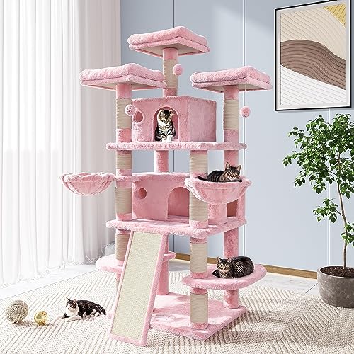 Allewie 68 Inches Cat Tree/House and Towers for Big Feline/Scratching Post/Multi-Level Large Kitty Climbing Tree with Condo/Light Grey