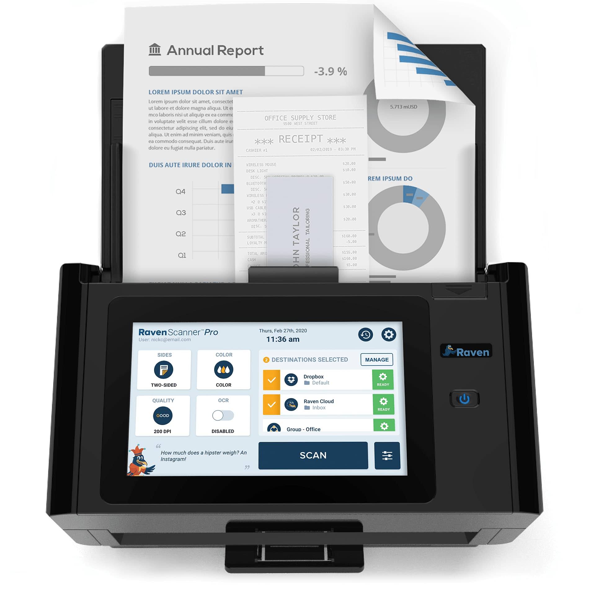 Raven Pro Document Scanner - Huge Touchscreen, High Speed Color Duplex Feeder (adf), Wireless Scan to Cloud, Wifi, Ethernet, USB