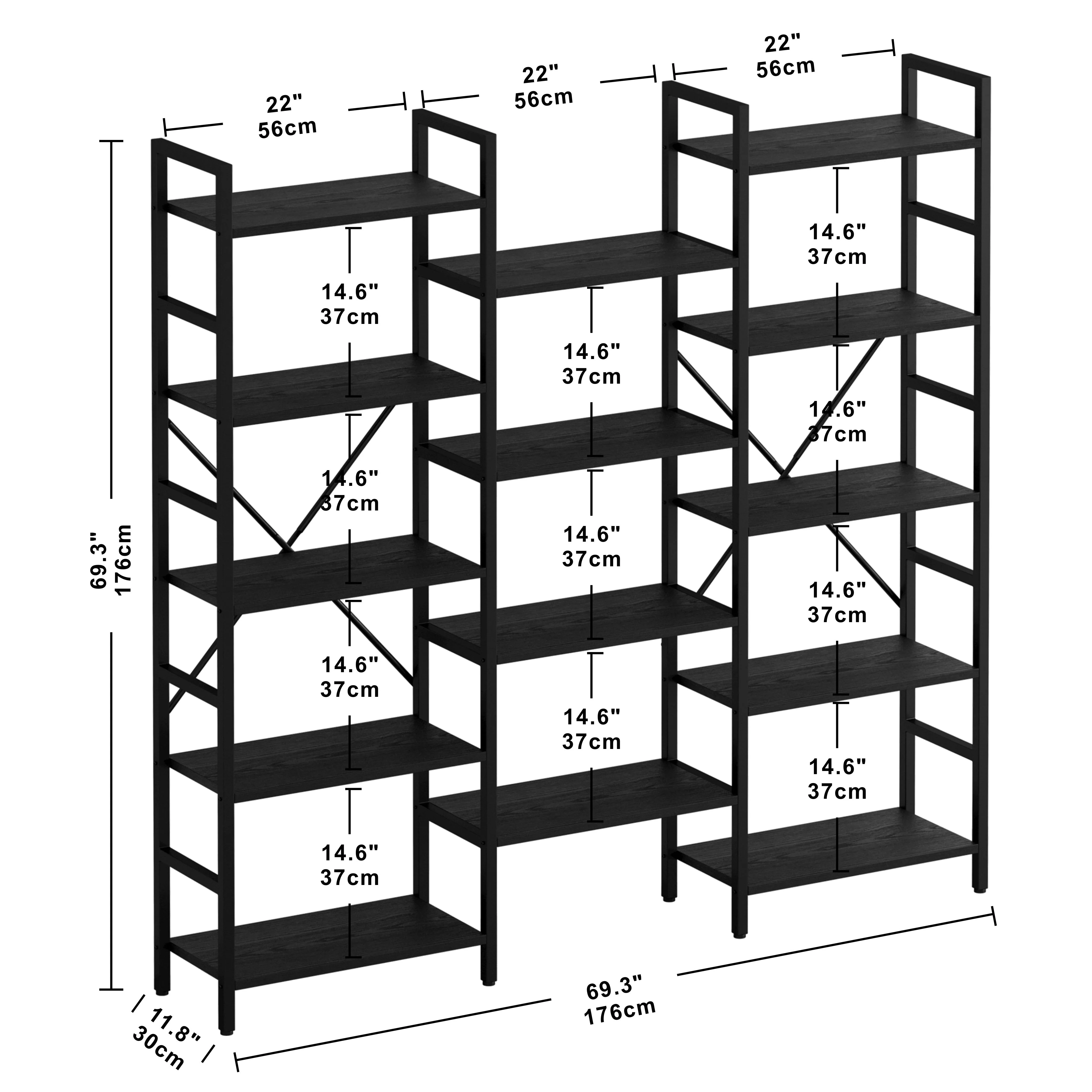 IRONCK Triple Wide 5 Tiers Industrial Bookcases and Bookshelves, Large Open Display Shelf with Wood and Metal Frame, Vintage Black