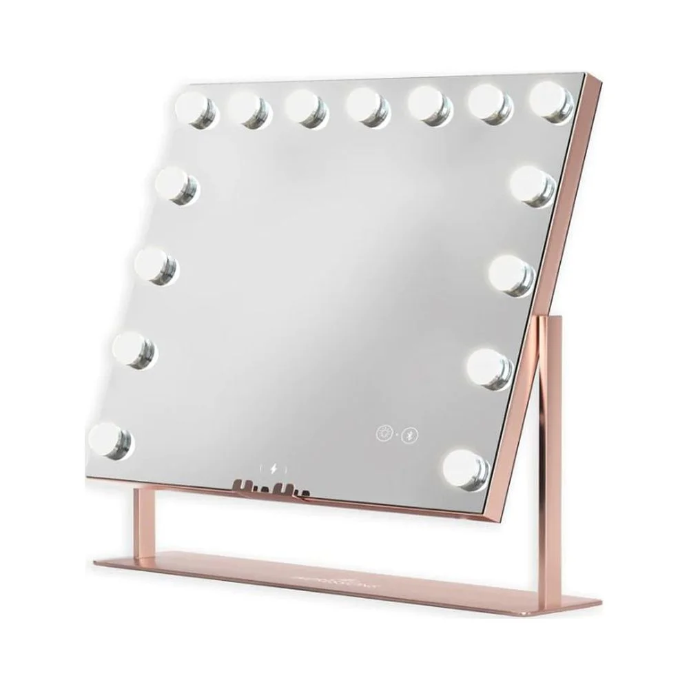 Impressions Vanity Gilded Tri Tone LED Makeup Mirror for Desk, 15 Dimmable Lighted Vanity Mirror with Stand, Three Color Modes, Phone Powering Dock, Speakers, and Touch Screen Control (Rose Gold)