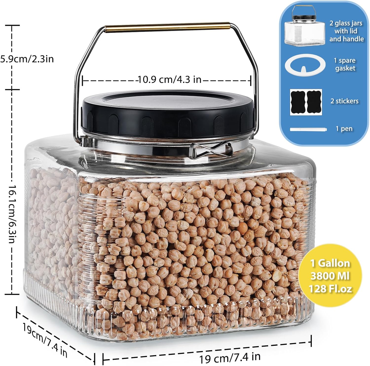 2 Pack 1 Gallon Glass Jar with Scerw Lids - 100% Airtight Gallon Glass Food Storage Jars-Wide Mouth Mason Jars with Screw Lid and Stainless Steel Handle - Extra Gasket