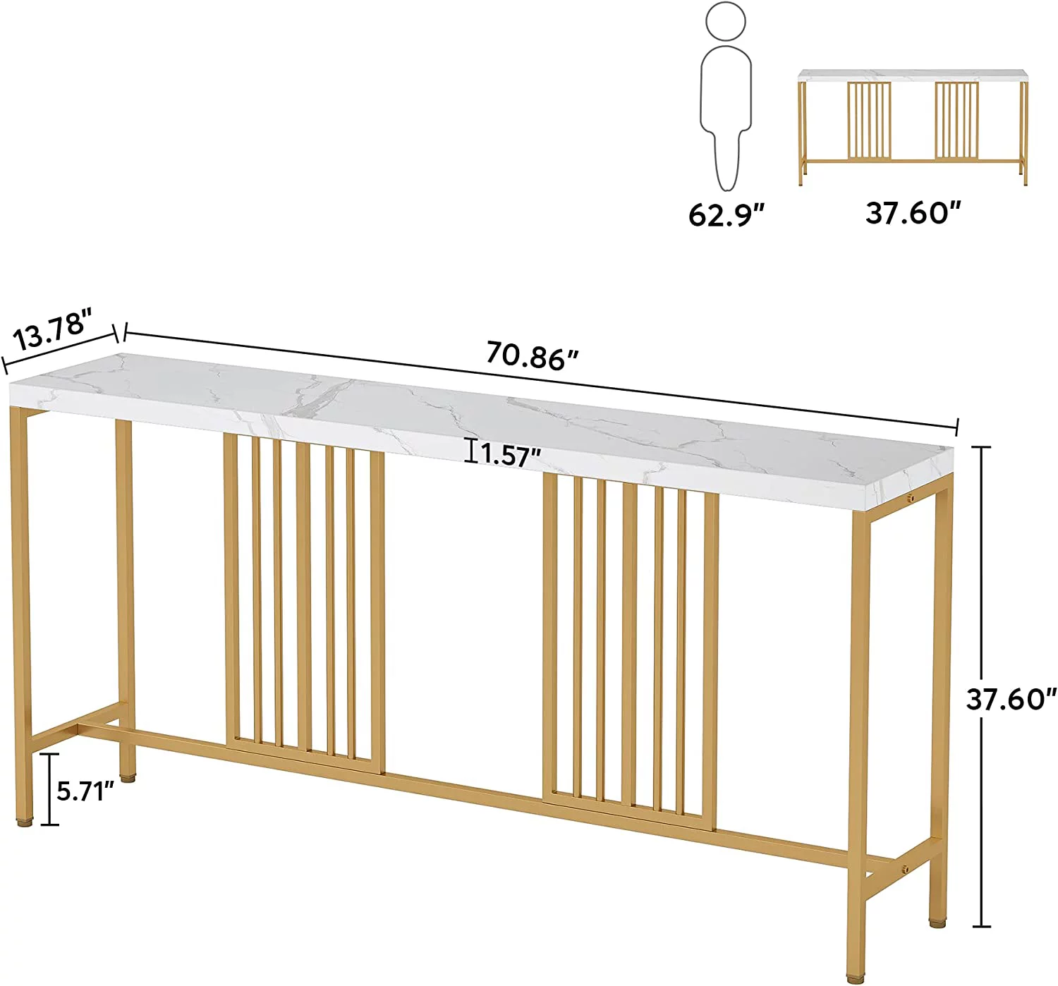 TJUNBOLIFE 70.9 Inch Extra Long Console Table Sofa Table White and Gold Entryway Table Narrow Long Hallway Table for Living Room with Gold Metal Frame