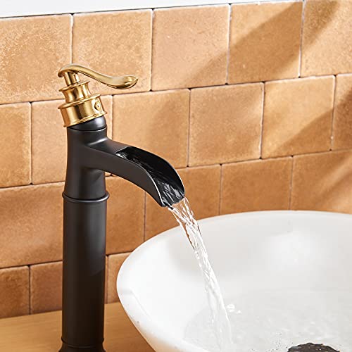 BWE Vessel Sink Faucet Waterfall Matte Black with Pop Up Drain Without Overflow and Supply Lines, Black Sink Faucet Bathroom One Handle Faucets Vanity Bath Mixer Tap