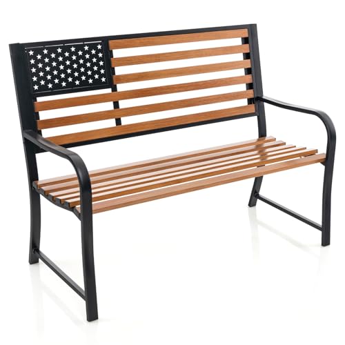 Tangkula 50” Outdoor Garden Bench, 2-Person Metal Patio Chair with Flag Pattern Backrest & Rustic Wood Grain Finish, Patriotic Bench with Arms for Porch, Deck, Park, Brown & Black