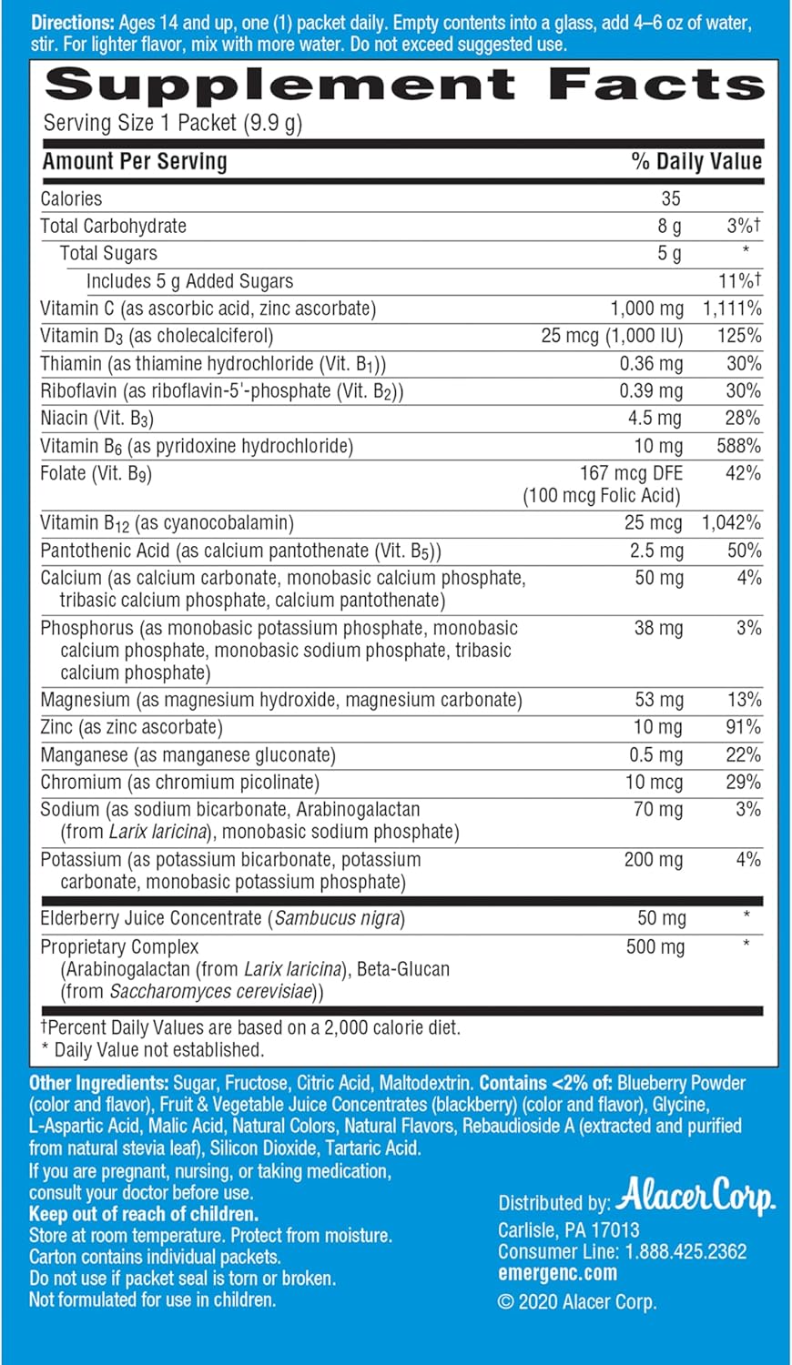 Emergen-C Immune+ Vitamin C 1000mg (18 Count, Elderberry) Dietary Supplement Fizzy Drink Mix Powder Packets