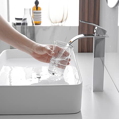 BWE Vessel Sink Faucet Modern Waterfall Chrome Single Hole Bathroom Faucet Single Handle with Pop up Drain Without Overflow Assembly Vanity Basin Bath Sink Faucets Mixer Tap