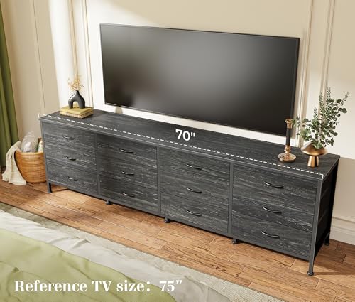 Huuger 70 Inch Dresser for Bedroom, TV Stand for 65, 75, 80 Inch TV,12 Fabric Drawer Long Dresser, Large Storage Organizer Unit, Chest of Drawer for Bedroom, Charcoal Black Wood Grain Print
