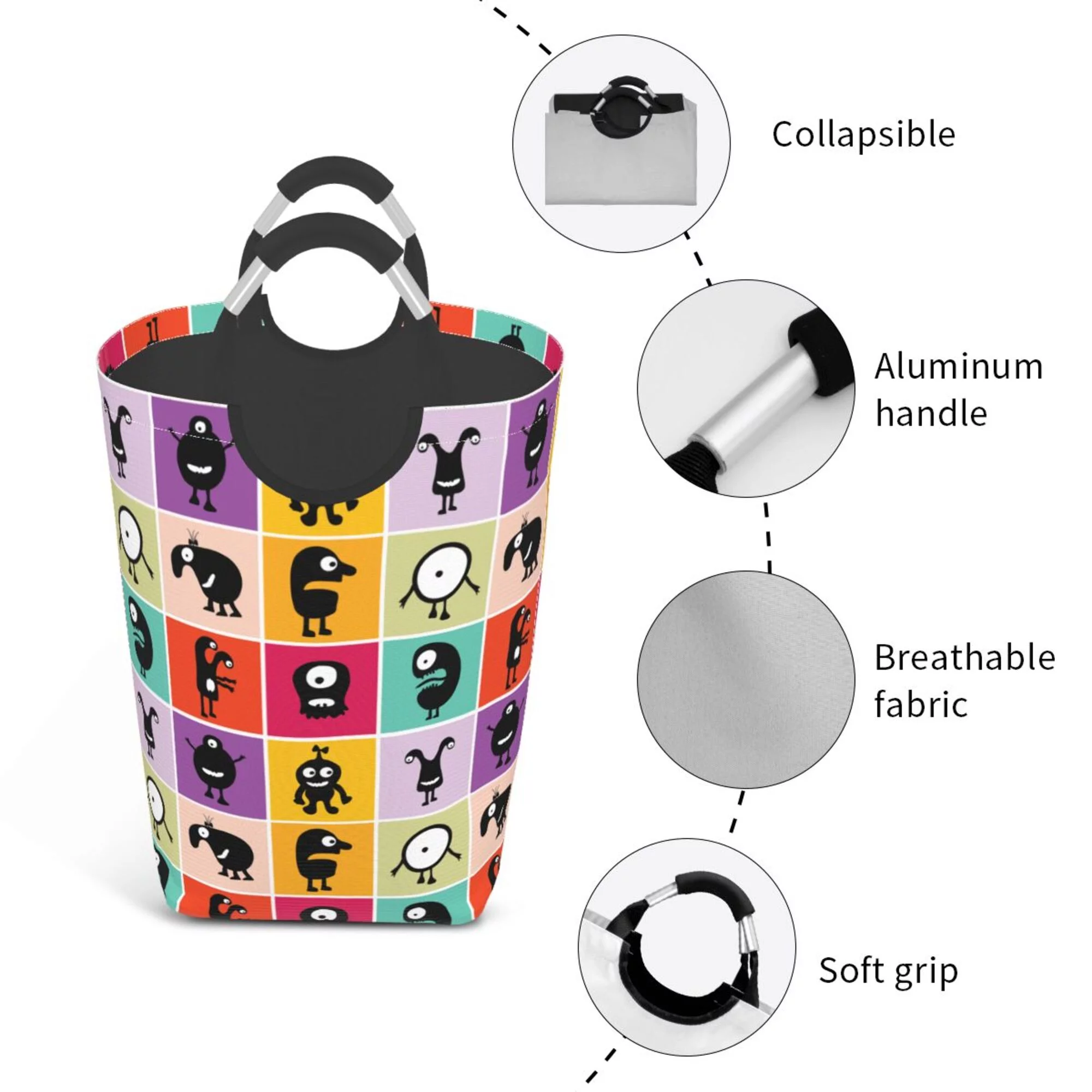 TEQUAN 50L Large Rectangular Laundry Hamper with Aluminum Handles, Happy Freaky Cartoon Animals Prints Waterproof Foldable Dirty Clothes Basket