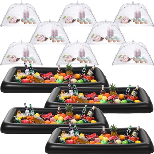 Lewtemi 4 Pcs Inflatable Serving Bars and 12 Pieces Food Umbrella Mesh Cover Collapsible Food Tent Inflatable Cooler with Drain Plug Drink Salad Buffet Tray for Indoor Outdoor Party BBQ Pool (Black)