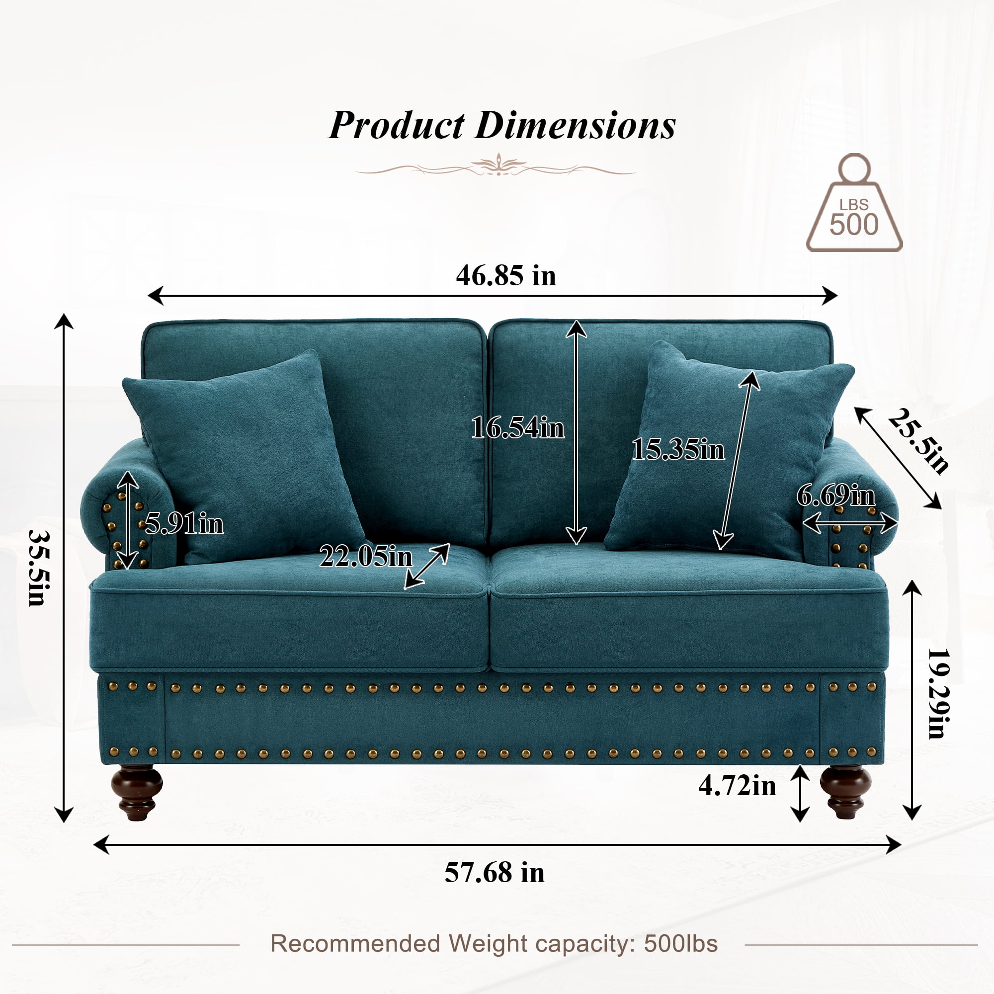 Muumblus 2 Pieces Chenille Living Room Sets with Nailhead, 2 Seater Loveseat Sofa and 3 Seater Sofa Couch, Lake Green