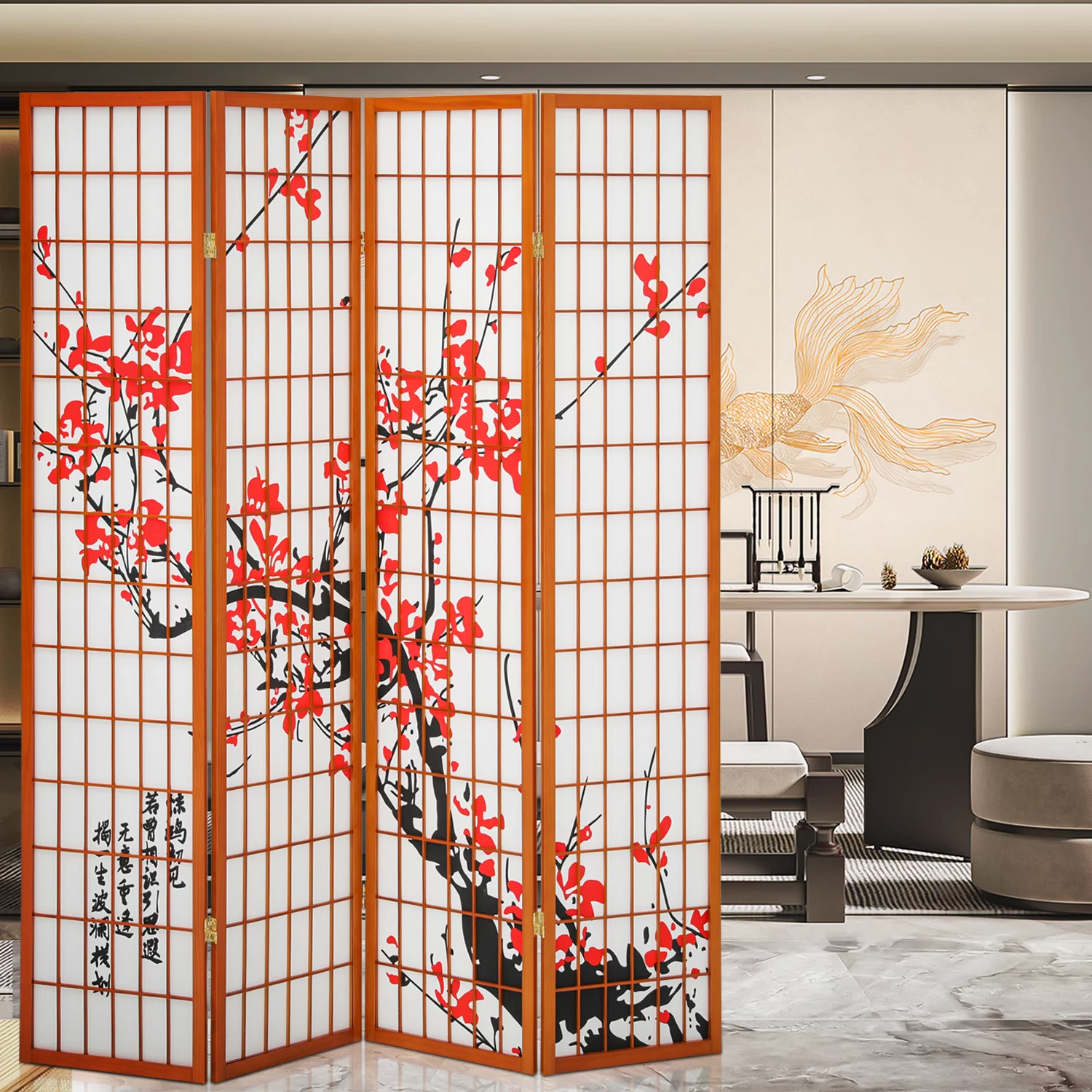 Magshion 5.8 ft Tall Partition Wall Foldable Room Divider, 4 Panel Wood Privacy Screen for Living Room, Plum blossom, Walnut