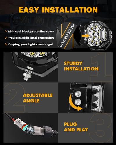 Auxbeam V-MAX Series 72W LED Pod Driving Lights, 4x2.5 Inch Rectangle Side Shooter Offroad Cube Spotlights with Amber DRL, 270° Combo Beam 6 Modes White/Amber/Yellow Auxiliary Lights with Covers