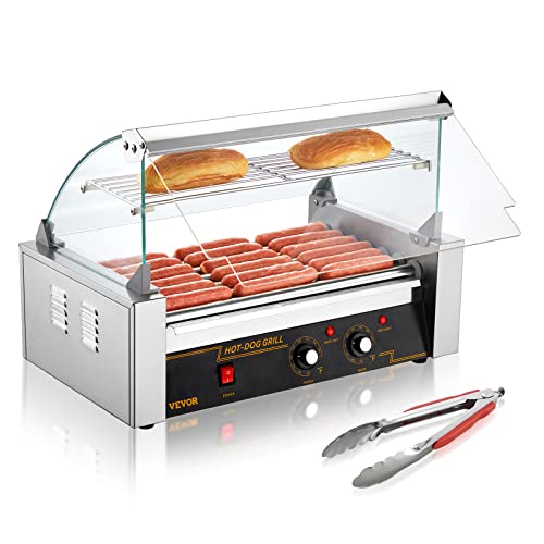 VEVOR Hot Dog Roller, 12 Hot Dog Capacity 5 Rollers, 750W Stainless Steel Cook Warmer Machine with Dual Temp Control, LED Light and Detachable Drip Tray, Sausage Grill Cooker for Kitchen Restaurant