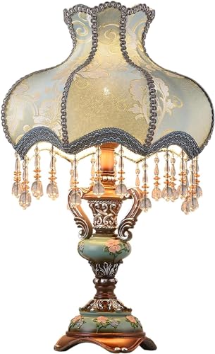 European Style Table Lamp Victorian Desk Lamp American Retro Handmade Fabric Lampshade with Resin Lamp Body Bedside Nightlight for Bedroom Study Office Living Room