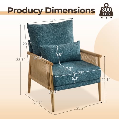 Karl home Cozy Chenille Accent Chair with Lumbar Pillow & Rattan Arms Modern Lounge Chair for Living Room, Bedroom, Reading Nook, Green