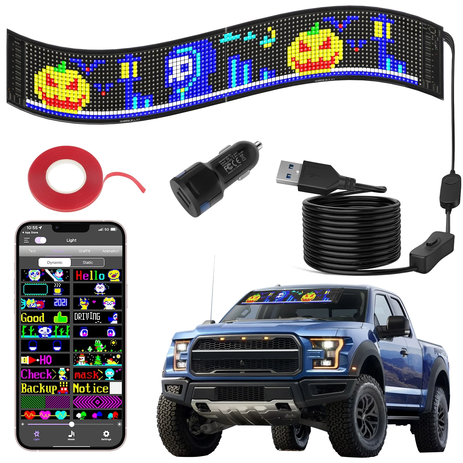 Oleyer LED Car Sign,Scrolling LED Sign,Flexible LED RGB Color Sign,Bluetooth APP,DIY Design Animations,Text, Graffiti,Programmable LED for business,Car,Bar,Hotel(23''x5'')