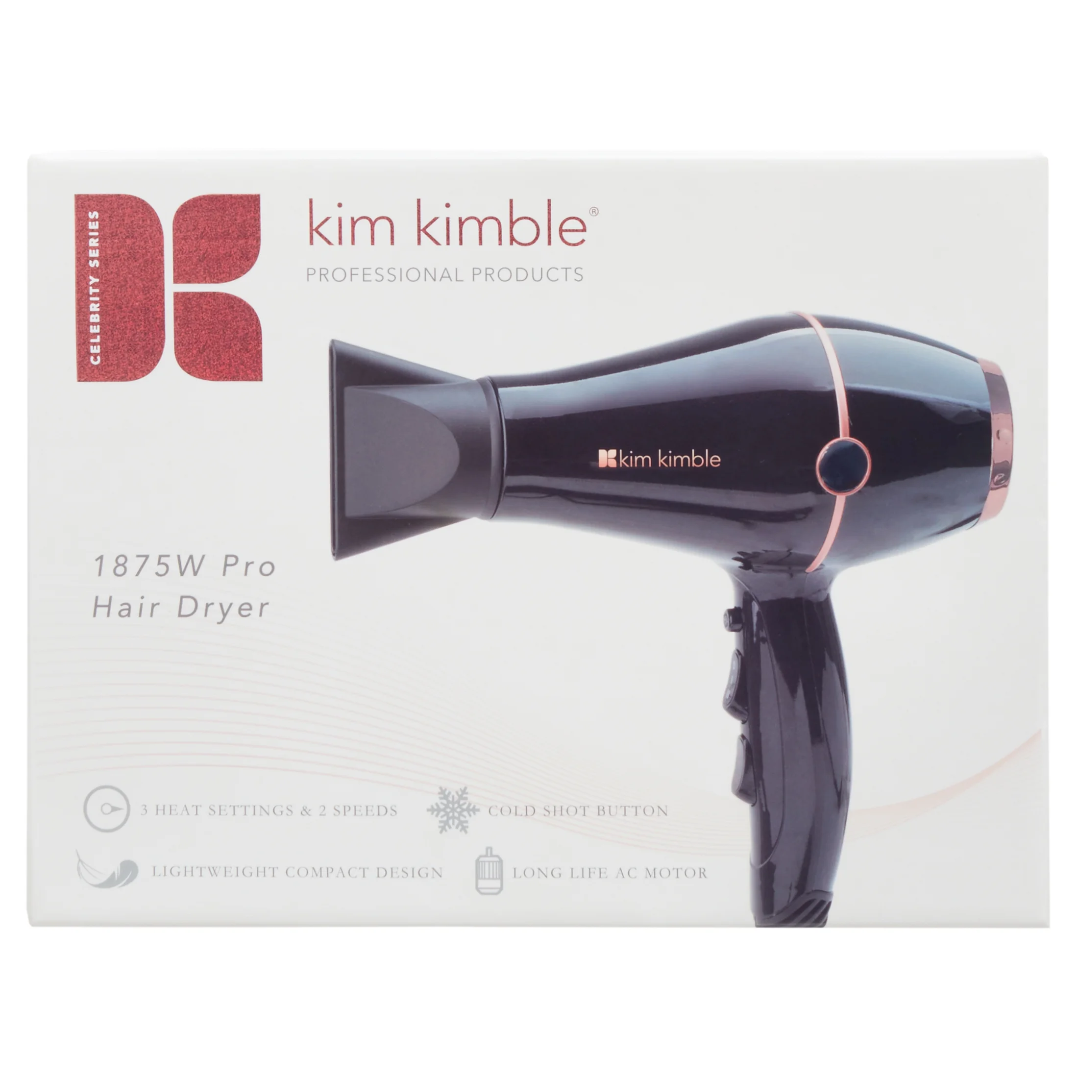 Kim Kimble Celebrity Series Ultra-Light 1875W Pro Hair Dryer, Black & Rose Gold with Concentrator and Diffuser