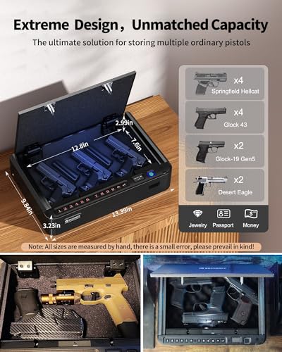 BILLCONCH Gun Safe for Handgun - Biometric Gun Safe 4 Ways Quick Access with Fingerprint/Full-digital Keypad/Key/APP Lock Handgun Pistol Safe for Nightstand Bedside Home