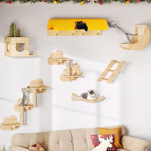 Cat Wall Shelves and Perches, Solid Wood Wall Mounted Cat Furniture, Set of 13 Cat Climbing Shelves with Moon Hammock, House, Wall Ladder, Scratching Post and Cat Tunnel