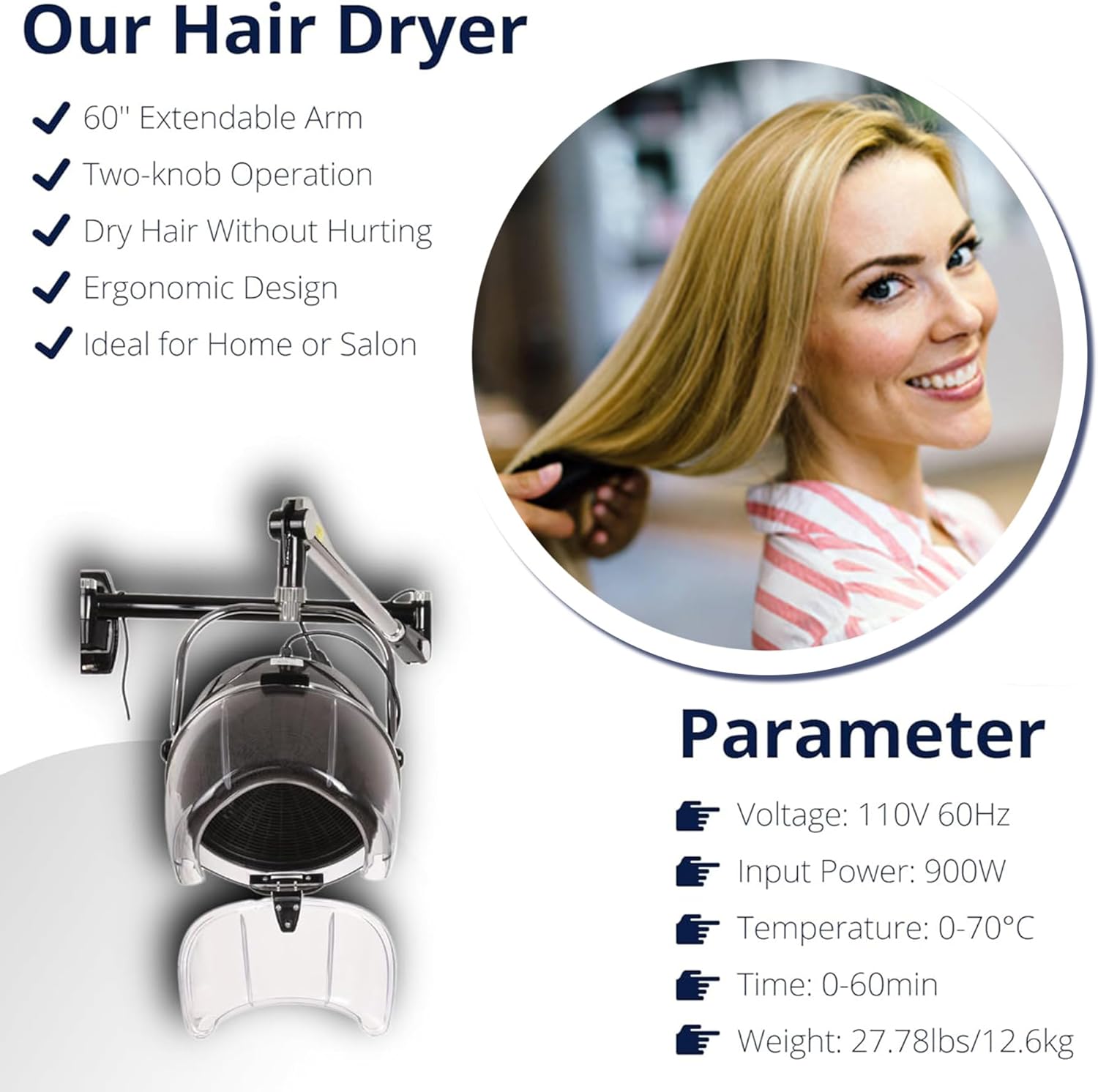 Samger Retractable 900W Wall Mounted Hair Hood Dryer Professional Hair Dryer with Flexible Swivel Arm Built-in 60min Timer Adjustable Temperature 70℃ Beauty Barber Spa Equipment Fits Concrete Wall
