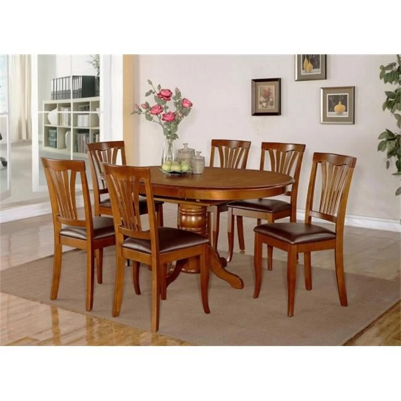 5PC Oval Dining Set with Single Pedestal with 18 in. leaf Table and 4 Faux Leather seat chairs in Brown