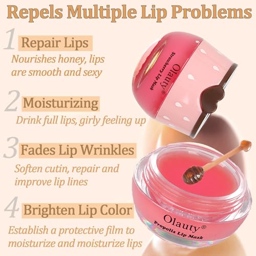 4 PCS Bee Lip Balm Lip Mask Honey Pot, Honey & Strawberry & Watermelon & Apple Lime Lip Sleeping Mask Propolis Moisturizing Lip Balm with Stick, Hydrating Prevention Dry & Cracked